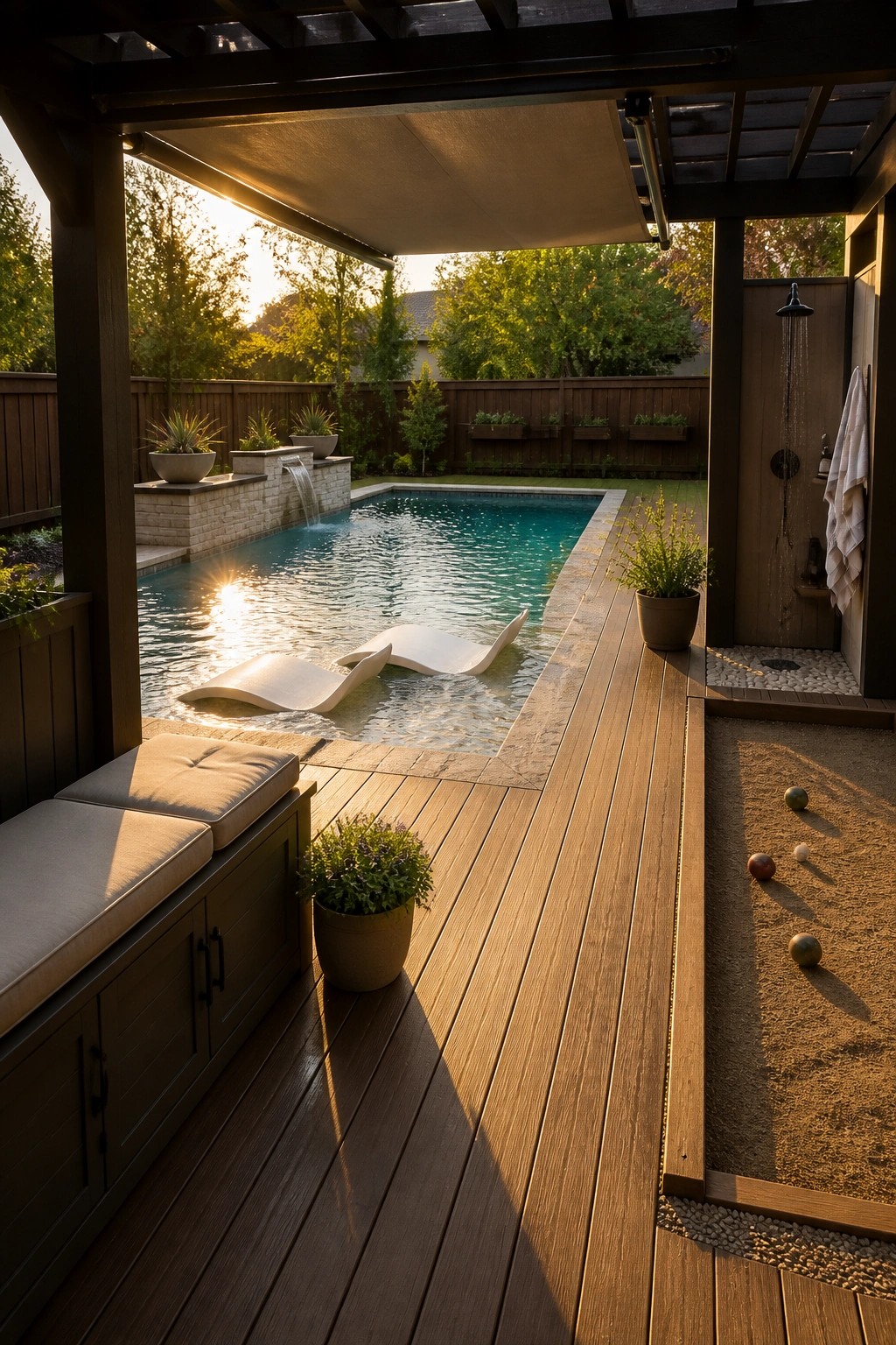 A rectangular backyard pool with a long wooden deck along one side, white lounge chairs floating partially in the water, and an outdoor shower area visible on the right under a pergola structure.