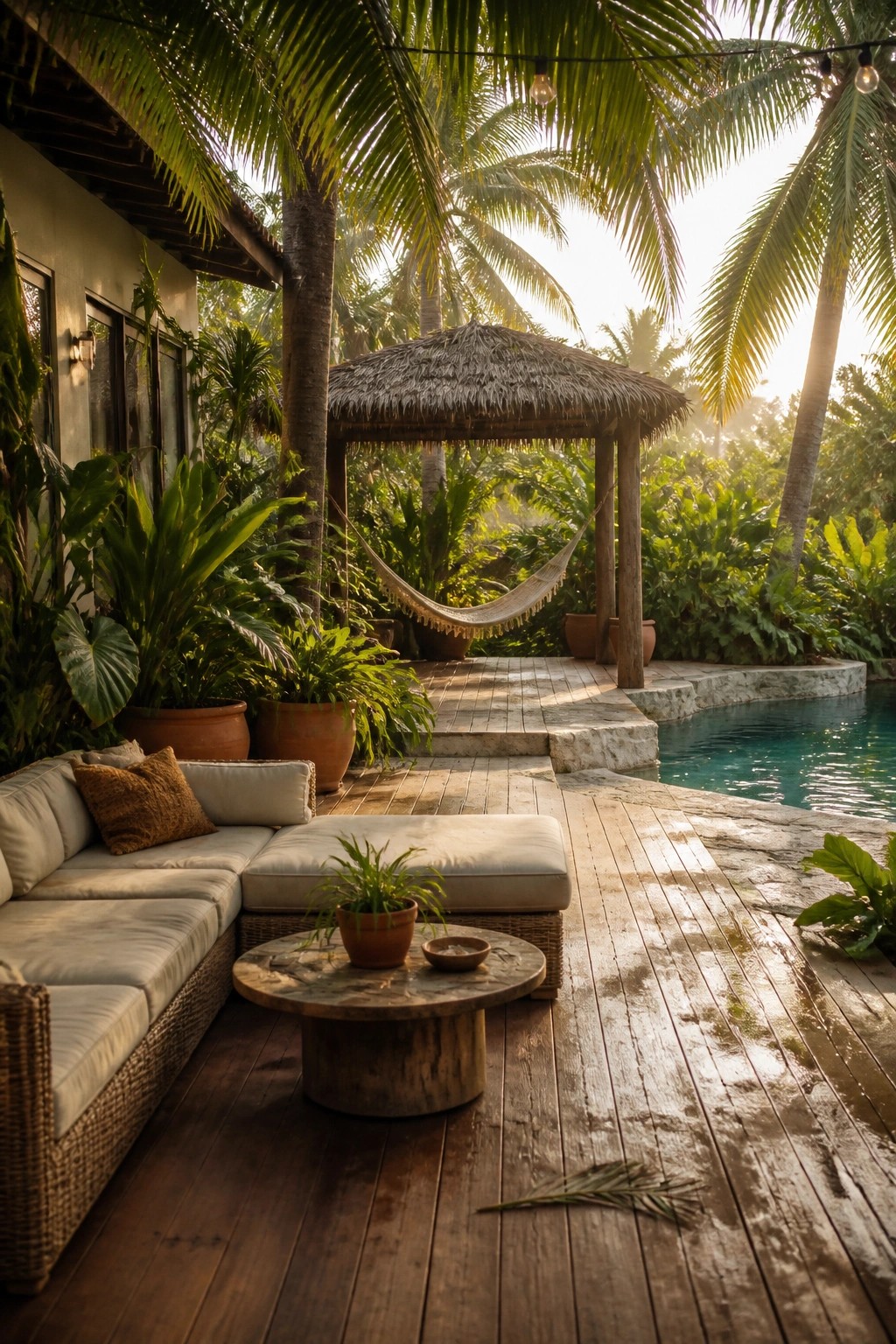 Tropical wooden deck with beige sofa, round table, thatched gazebo, hammock, and pool