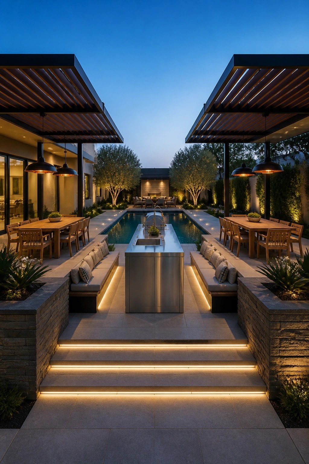 18 Modern Rectangle Pool Patio Ideas Focused on Symmetry and Clean Design A modern rectangular pool patio at dusk featuring a central stainless steel island, built-in benches on both sides, and matching dining tables under overhead pergolas.