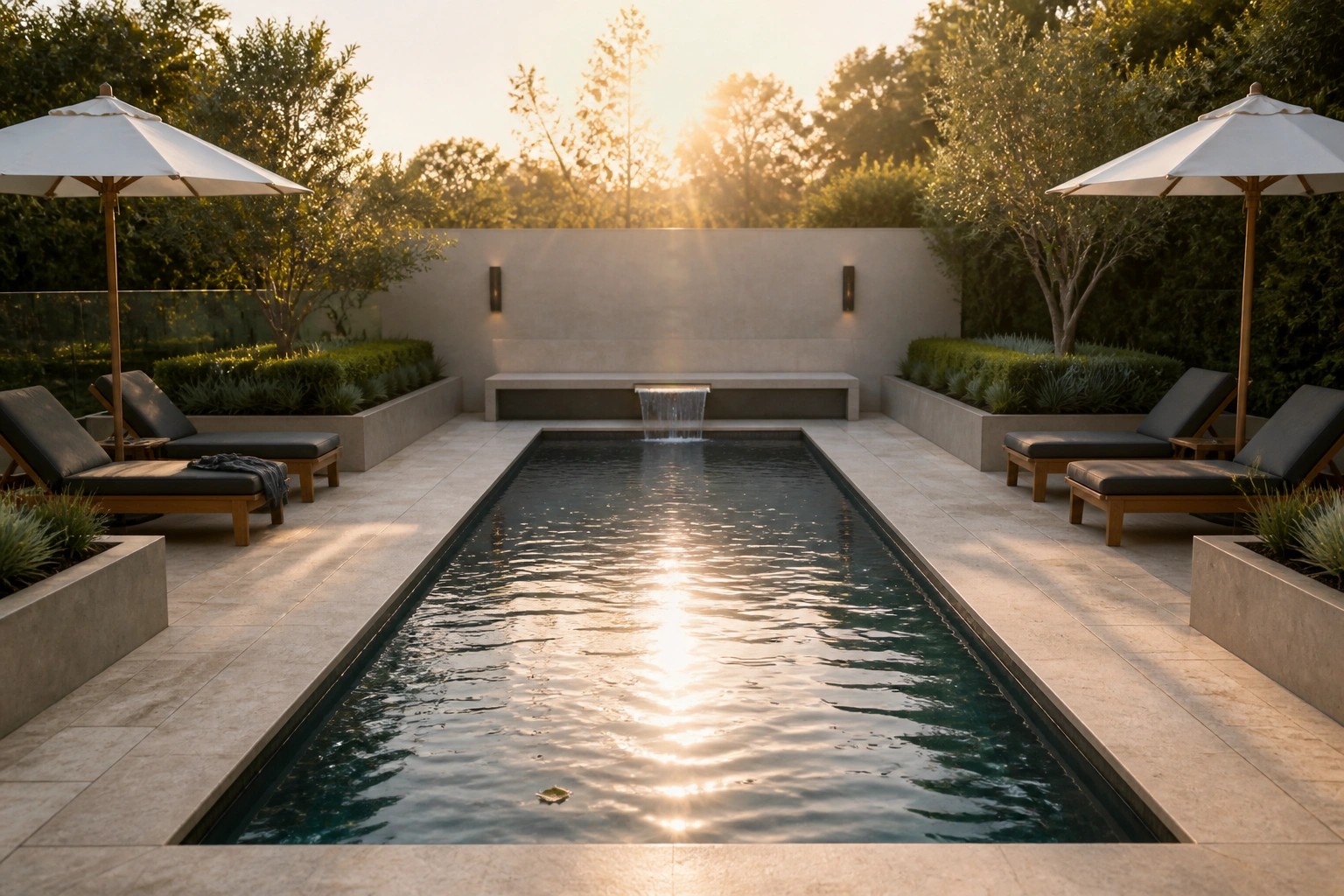 Long rectangular pool with waterfall, lounge chairs and umbrellas at sunset
