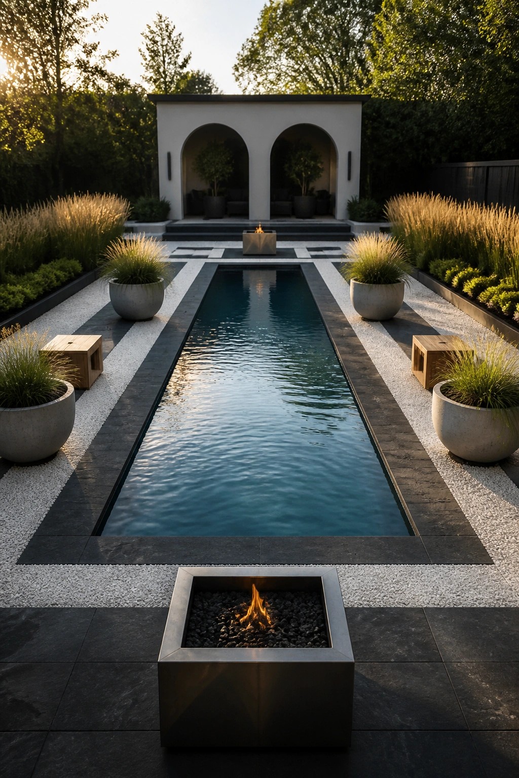 18 Modern Rectangle Pool Patio Ideas Focused on Symmetry and Clean Design A long rectangular pool with matching concrete planters and grasses on both sides, a modern pavilion at the far end, and a square fire pit in the foreground.
