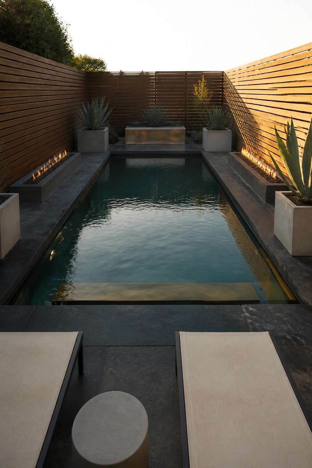 18 Modern Rectangle Pool Patio Ideas Focused on Symmetry and Clean Design A long rectangular pool with linear fire features set into concrete planters on both long sides, viewed from the shallow end with two lounge chairs and a round side table in the foreground.