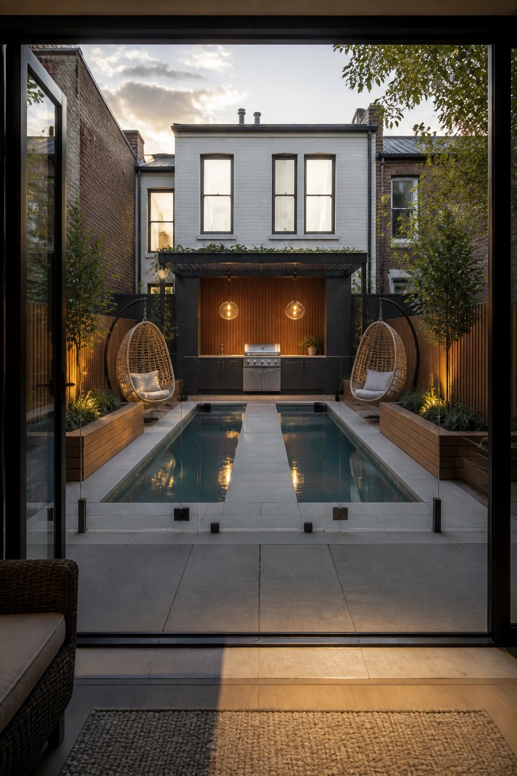 18 Modern Rectangle Pool Patio Ideas Focused on Symmetry and Clean Design A rectangular pool with a central walkway viewed from indoors, flanked by two identical hanging chairs and an outdoor kitchen at the far end.