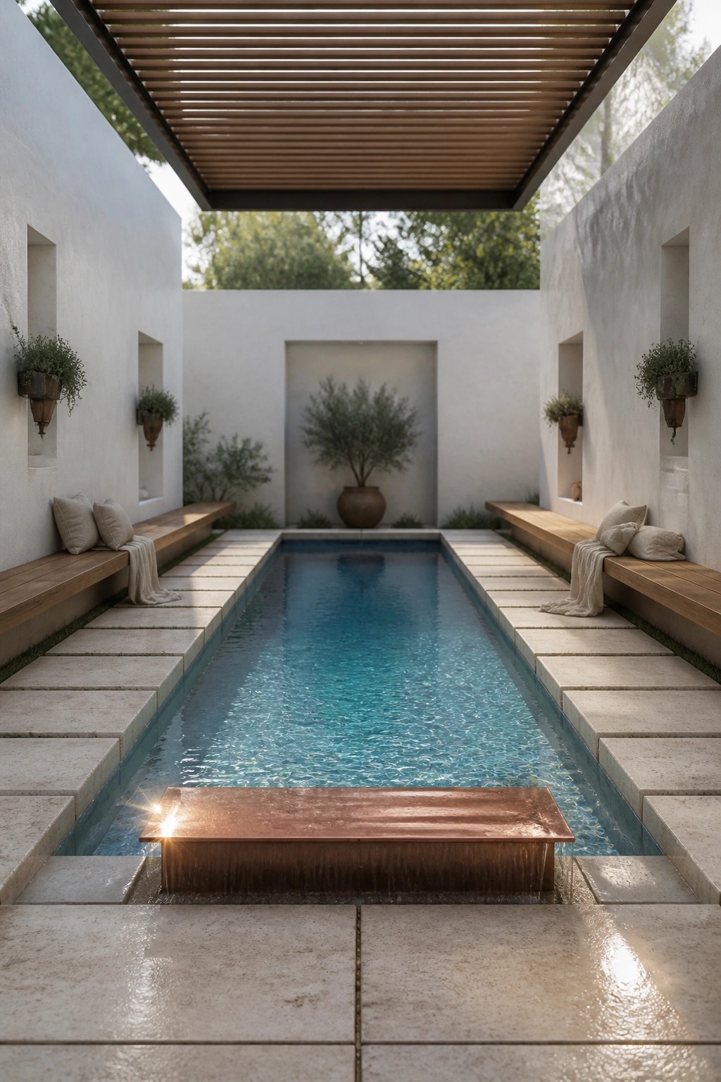 18 Modern Rectangle Pool Patio Ideas Focused on Symmetry and Clean Design Narrow blue pool in white courtyard with wooden benches, plants, and copper fountain