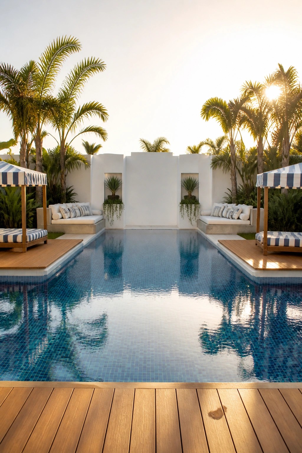 18 Modern Rectangle Pool Patio Ideas Focused on Symmetry and Clean Design A rectangular swimming pool with blue tiles is flanked by two matching striped cabanas on wooden decks, with white walls and palm trees behind.
