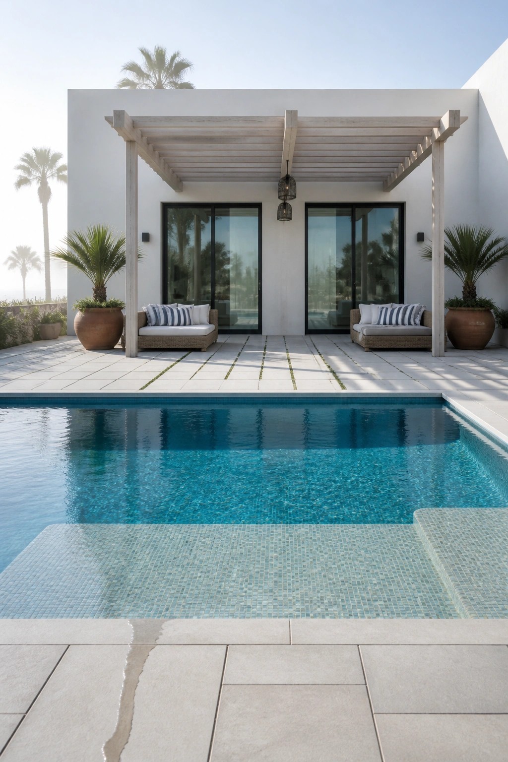 18 Modern Rectangle Pool Patio Ideas Focused on Symmetry and Clean Design Modern white house with wooden pergola, two matching wicker daybeds with striped pillows flanking black-framed glass doors, and a rectangular blue pool with mosaic tiled steps in the foreground.