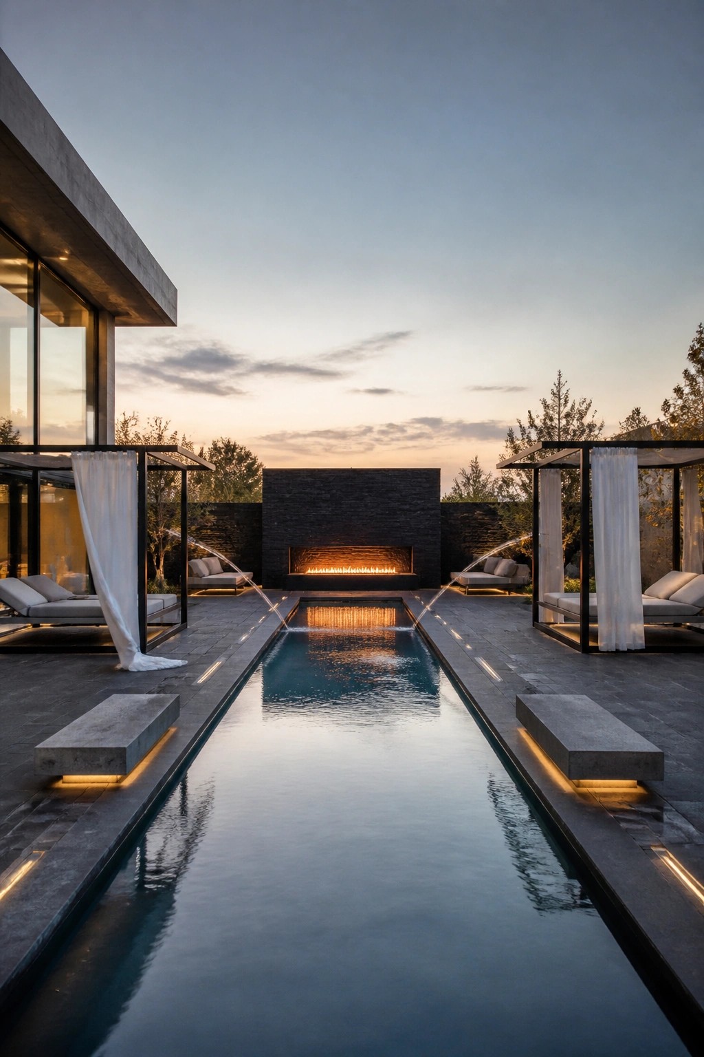 18 Modern Rectangle Pool Patio Ideas Focused on Symmetry and Clean Design Rectangular pool with water fountains, lit fireplace, and curtained cabanas at dusk