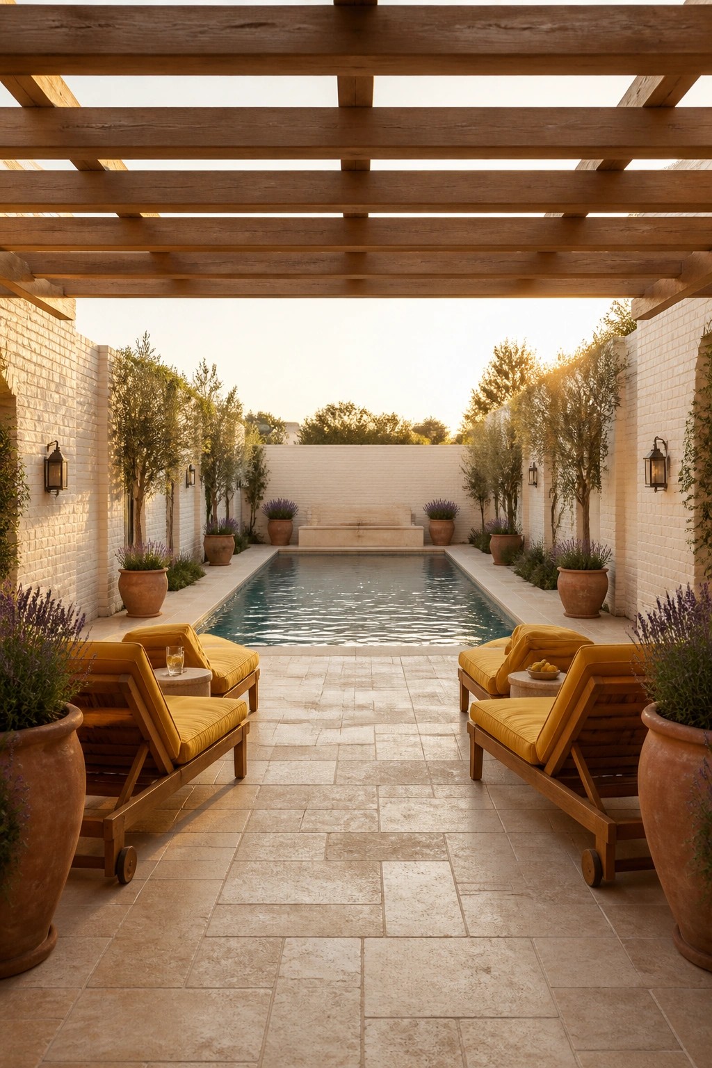 18 Modern Rectangle Pool Patio Ideas Focused on Symmetry and Clean Design Tranquil pool courtyard with yellow lounge chairs, terracotta pots, and wooden pergola at sunset