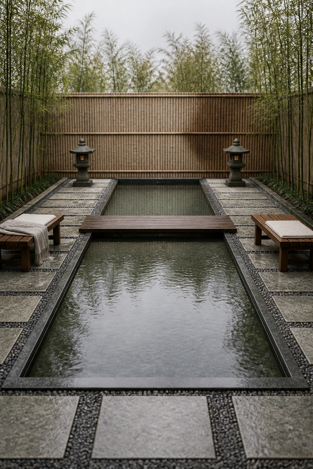 18 Modern Rectangle Pool Patio Ideas Focused on Symmetry and Clean Design A rectangular pool with a wooden walkway across the center, flanked by matching stone lanterns and benches on a stone-paved patio bordered by bamboo.
