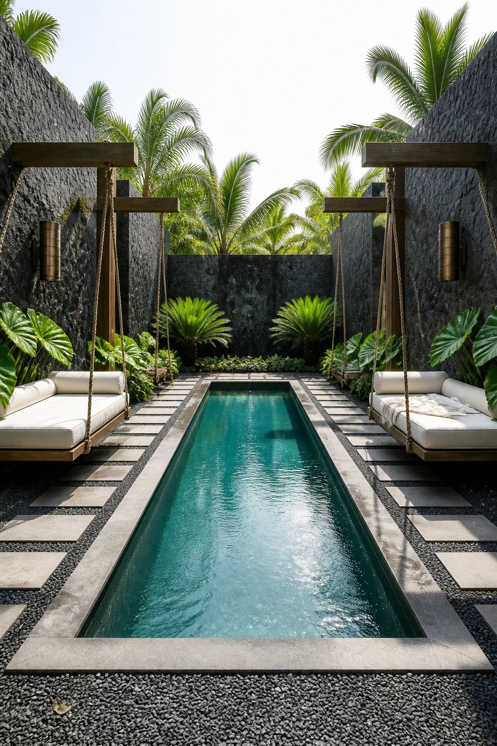 18 Modern Rectangle Pool Patio Ideas Focused on Symmetry and Clean Design A long rectangular pool with identical hanging daybeds on both sides, set between dark stone walls and tropical plants.