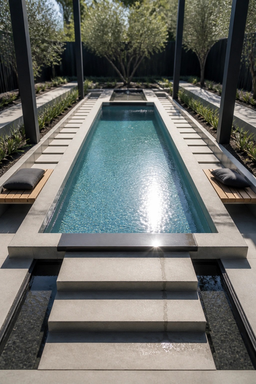 18 Modern Rectangle Pool Patio Ideas Focused on Symmetry and Clean Design A long rectangular swimming pool with clear blue water is centered in a concrete patio, flanked by matching wooden benches, with wide steps leading down in the foreground and trees in the background.