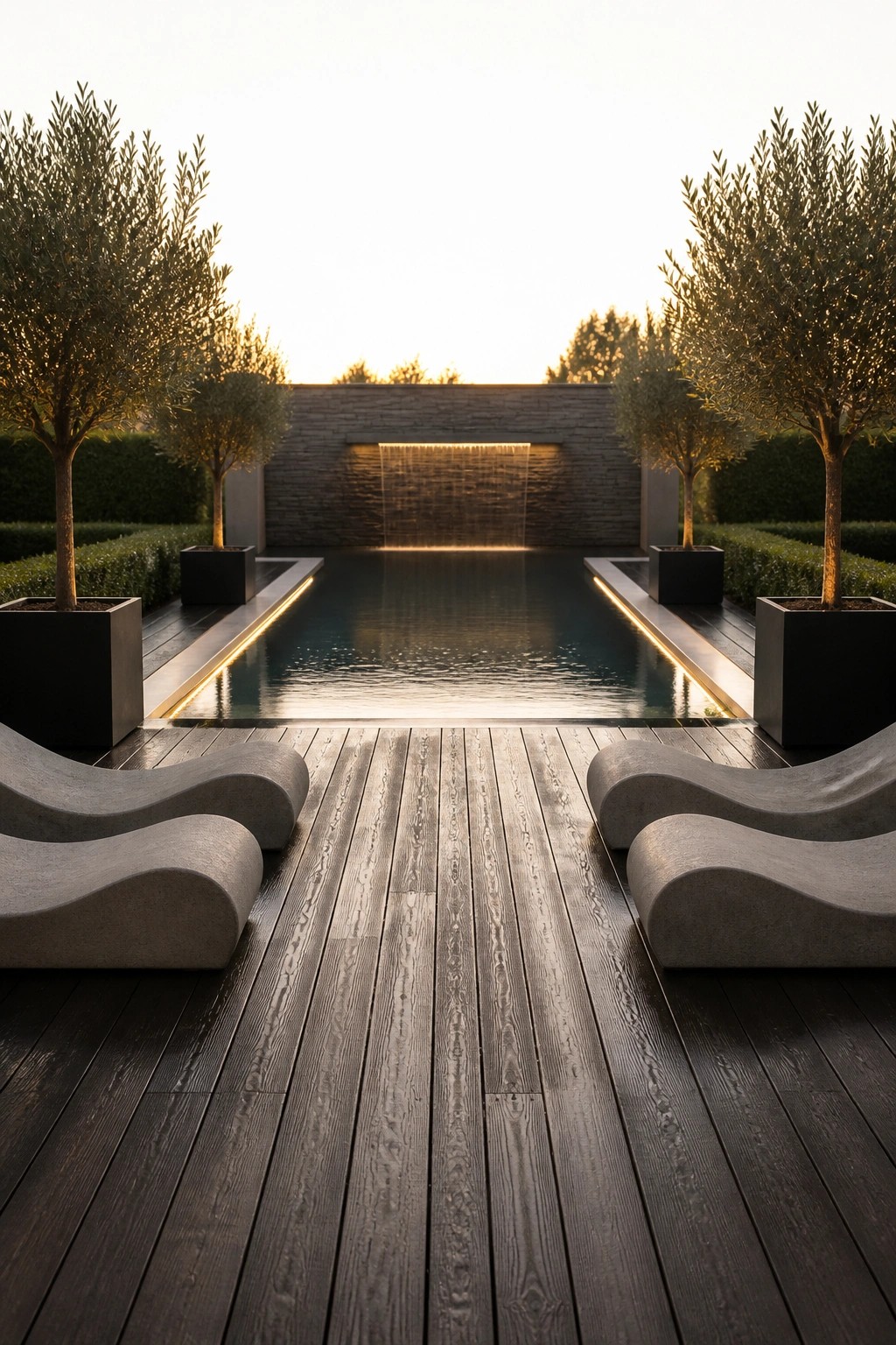 18 Modern Rectangle Pool Patio Ideas Focused on Symmetry and Clean Design A rectangular pool with a waterfall wall at the far end, flanked by potted trees and four curved concrete lounge chairs on a dark wood deck.