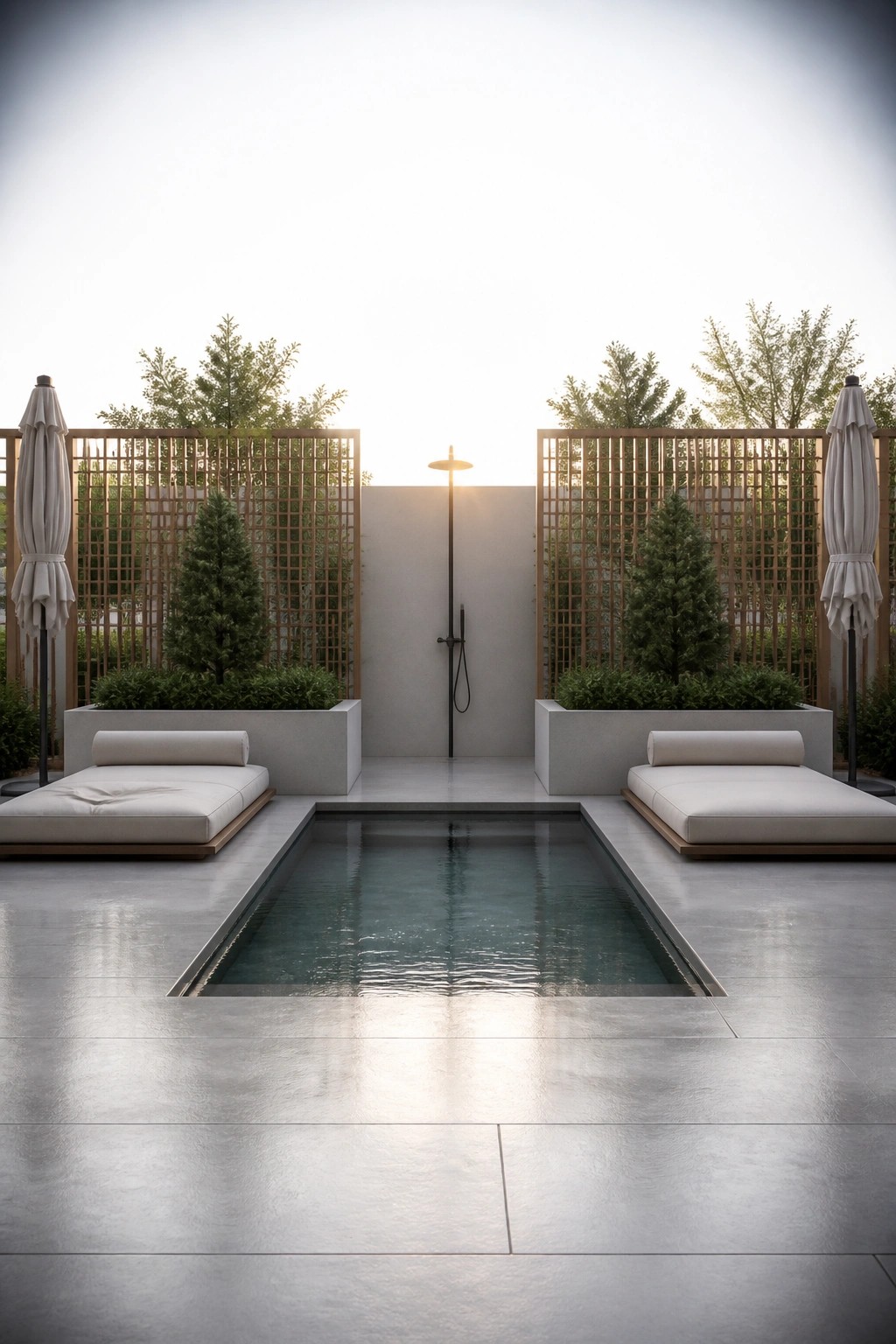 18 Modern Rectangle Pool Patio Ideas Focused on Symmetry and Clean Design A rectangular pool in a paved courtyard with matching white lounge chairs and closed umbrellas on either side, flanked by concrete planters and a central outdoor shower.