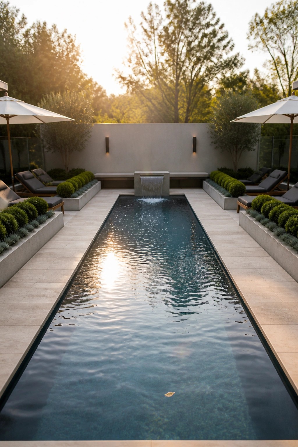 18 Modern Rectangle Pool Patio Ideas Focused on Symmetry and Clean Design Long rectangular pool with waterfall, lounge chairs and umbrellas at sunset
