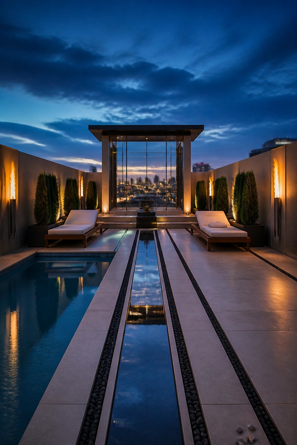 18 Modern Rectangle Pool Patio Ideas Focused on Symmetry and Clean Design Rooftop terrace at dusk with pool, lounge chairs, torches, and city skyline.