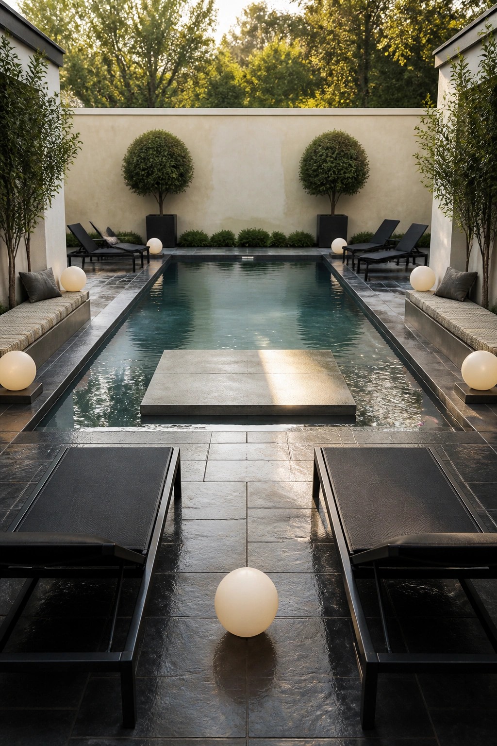 18 Modern Rectangle Pool Patio Ideas Focused on Symmetry and Clean Design A rectangular pool with a central concrete platform, black lounge chairs arranged symmetrically on both sides, and spherical lights along the stone patio.