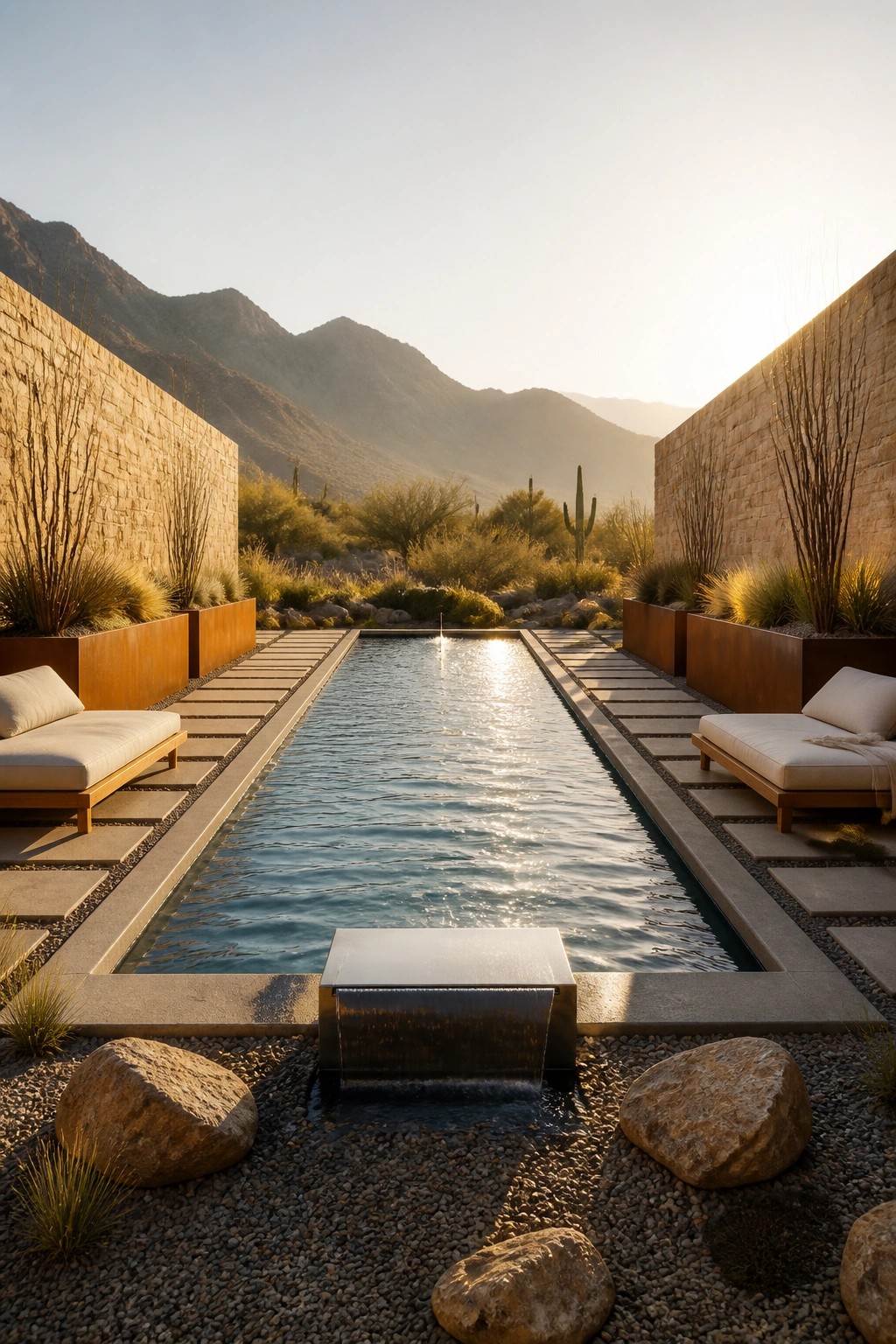 18 Modern Rectangle Pool Patio Ideas Focused on Symmetry and Clean Design A long rectangular pool bordered by matching stone paths and lounge chairs on both sides, with stone walls, gravel, and desert plants in the background.