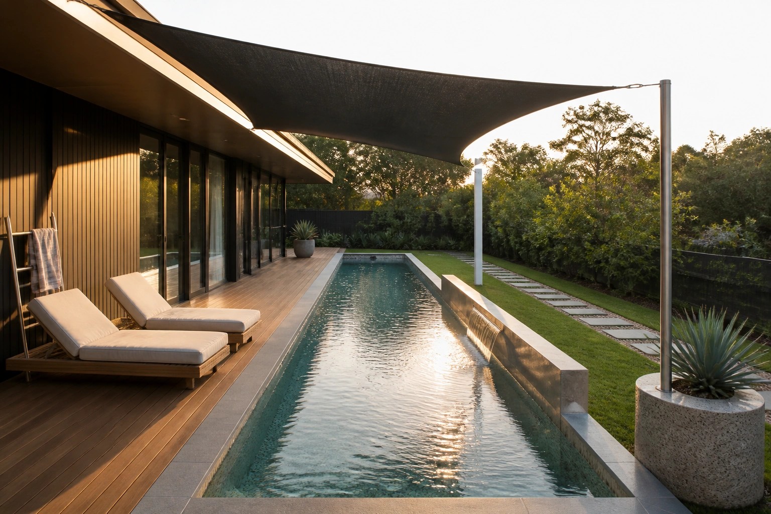 A rectangular lap pool with a large black shade sail stretched above it, wooden lounge chairs on the left deck, and a potted agave plant in the foreground.