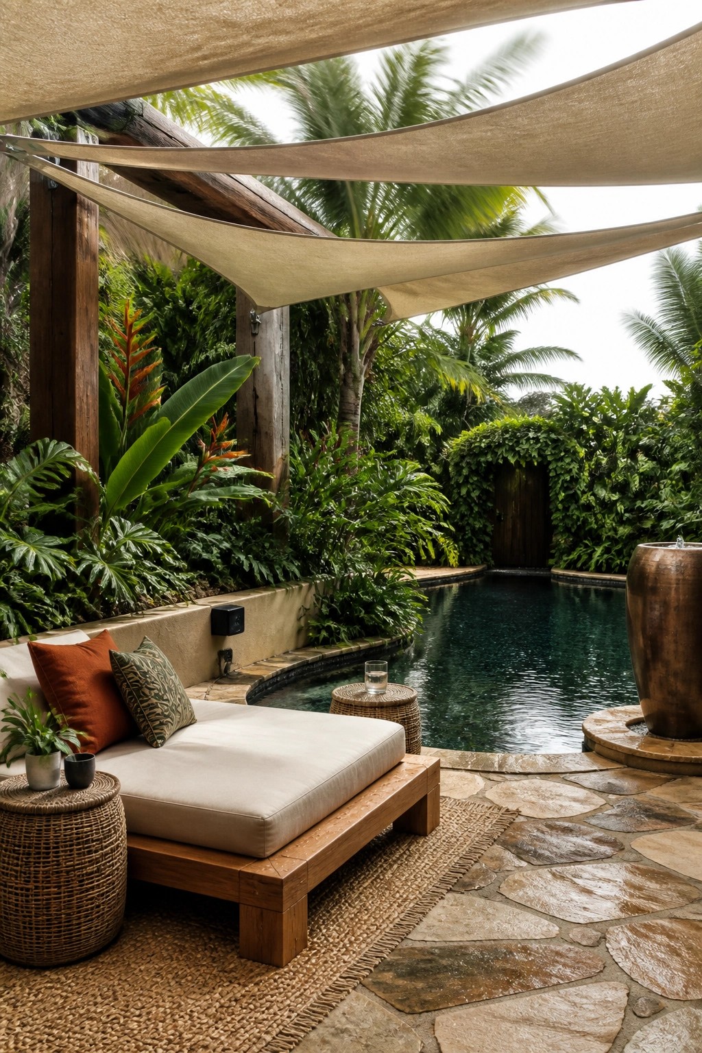 19 Modern Shade Sail Over Pool Ideas for Clean Contemporary Pool Areas A poolside lounge area with layered beige shade sails overhead, a wooden daybed with cushions on a woven rug, and a swimming pool bordered by tropical plants and stone paving.