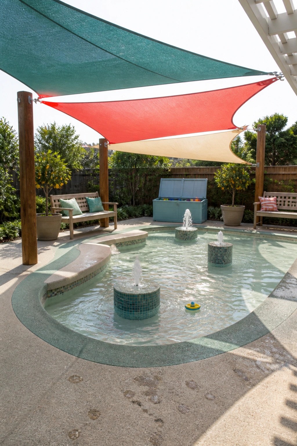 19 Modern Shade Sail Over Pool Ideas for Clean Contemporary Pool Areas A backyard pool area with three overlapping shade sails in green, red, and beige suspended above the water, with small fountains and benches around the edge.