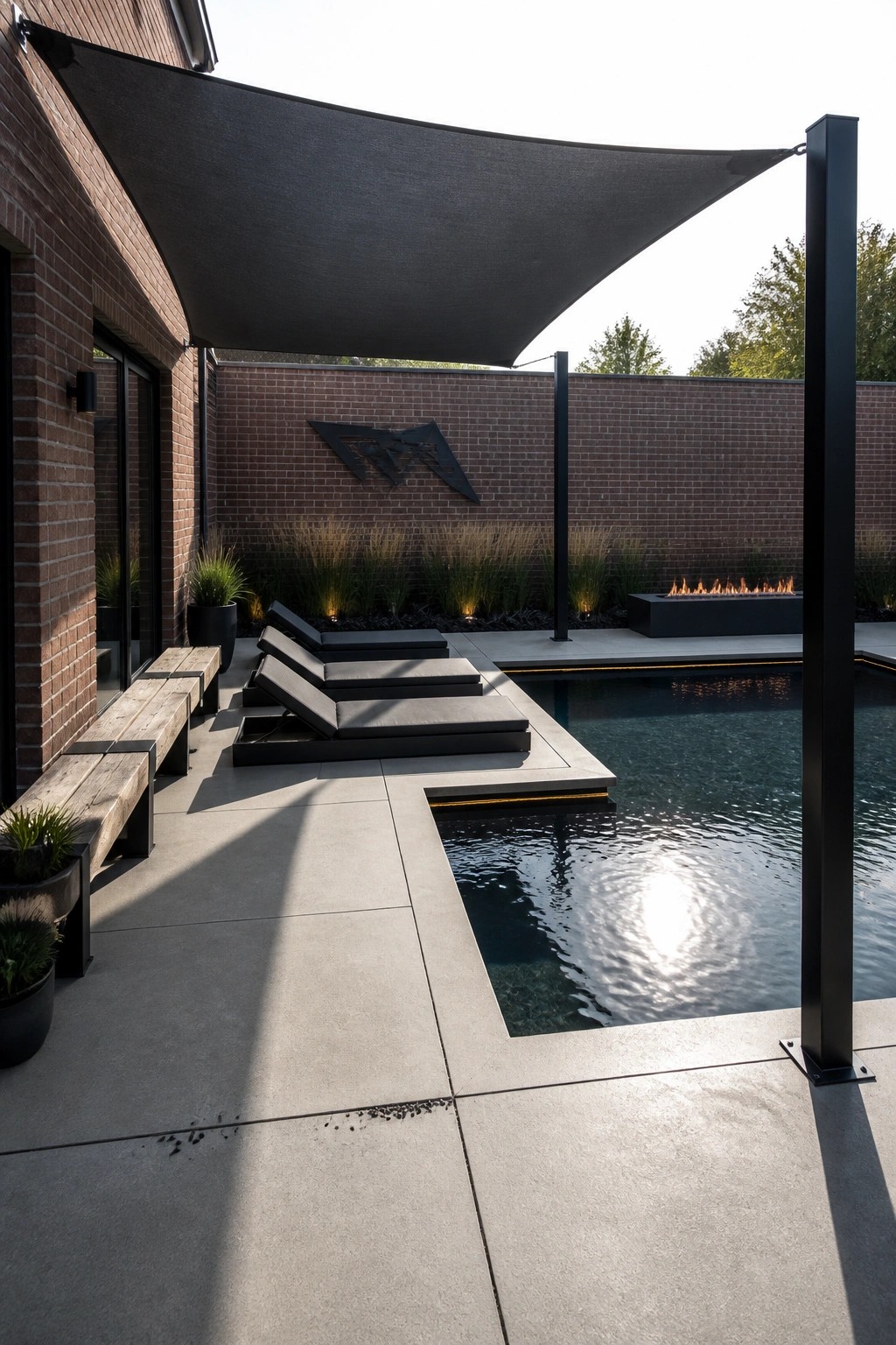 19 Modern Shade Sail Over Pool Ideas for Clean Contemporary Pool Areas A contemporary backyard pool with a large black triangular shade sail overhead, dark lounge chairs on the concrete patio, a brick wall with a metal sculpture, and a rectangular fire pit in the background.