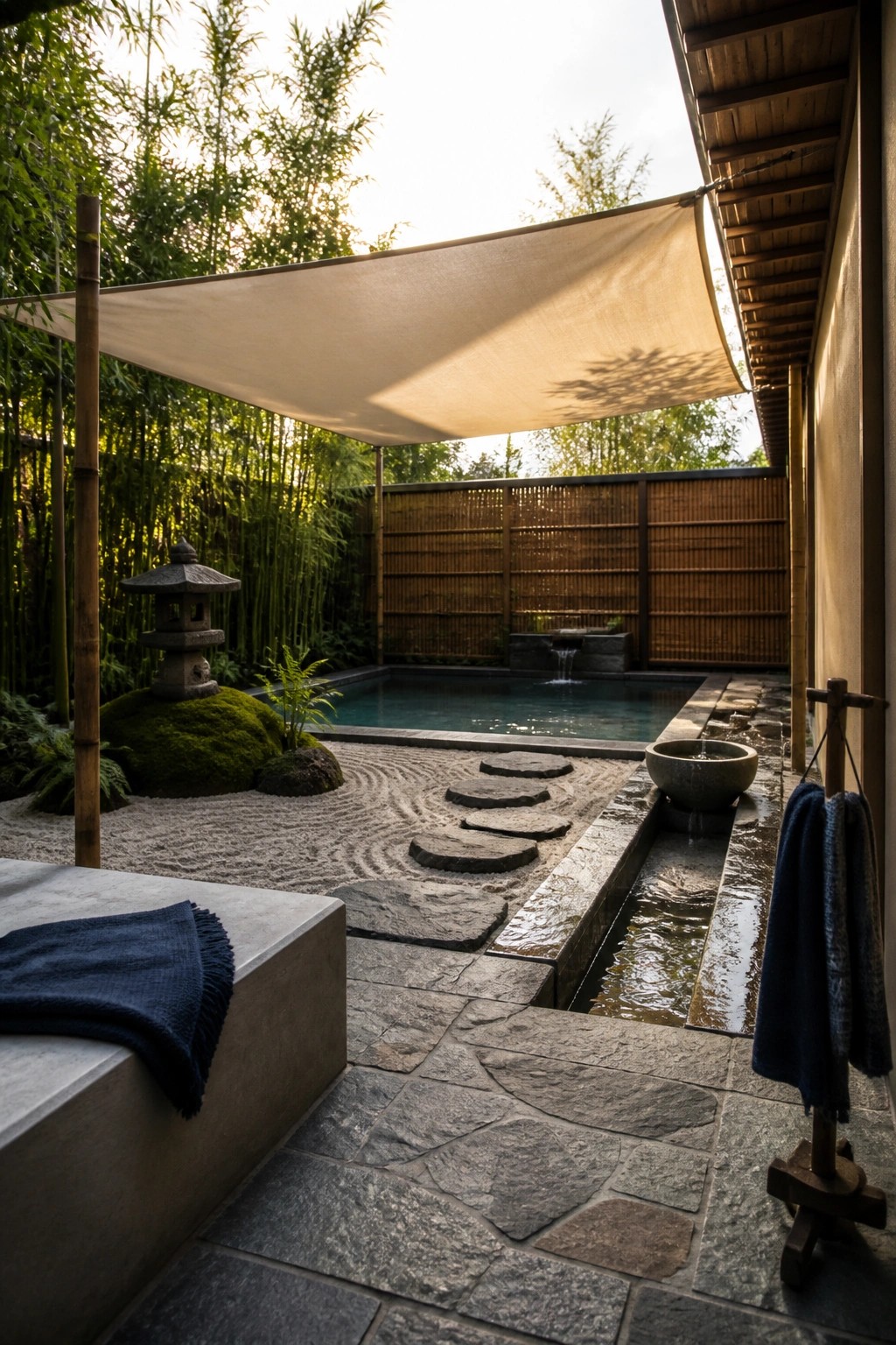 19 Modern Shade Sail Over Pool Ideas for Clean Contemporary Pool Areas A rectangular backyard pool with a beige fabric shade sail stretched overhead, stone stepping paths, a small water feature, and bamboo fencing in the background.