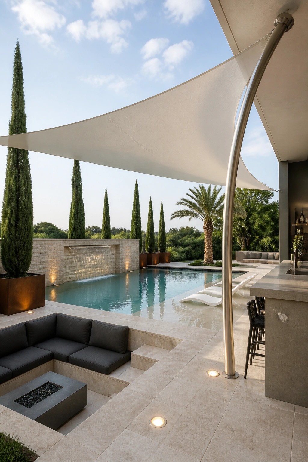 19 Modern Shade Sail Over Pool Ideas for Clean Contemporary Pool Areas A contemporary pool deck with a large white curved shade sail supported by a single metal pole, surrounded by built-in seating, a fire pit, and a wet bar.