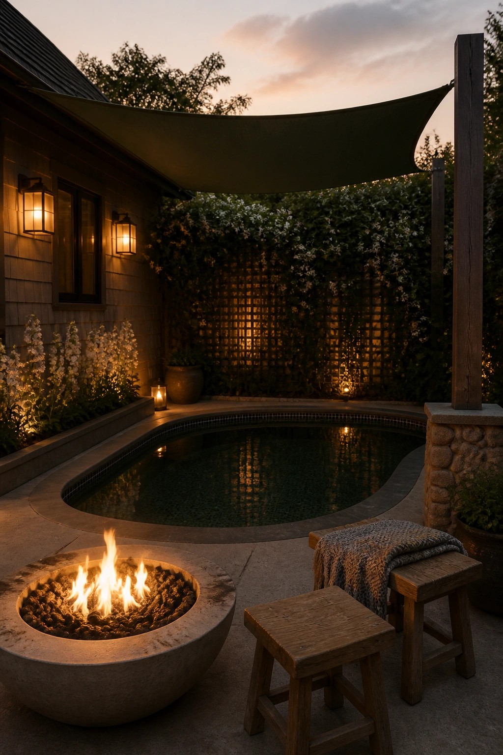 19 Modern Shade Sail Over Pool Ideas for Clean Contemporary Pool Areas Fire pit beside pool under green shade sail with wooden stools at dusk