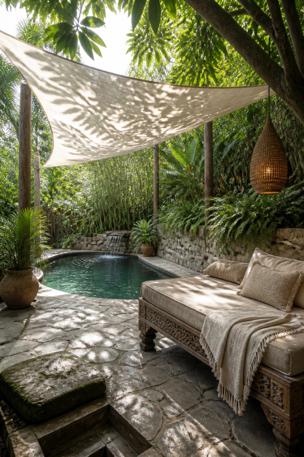 19 Modern Shade Sail Over Pool Ideas for Clean Contemporary Pool Areas An outdoor pool area with a large white shade sail stretched overhead, stone paving, a lounge daybed, and dense tropical plants around the edges.