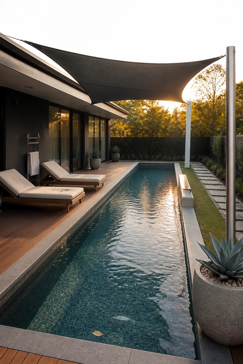 19 Modern Shade Sail Over Pool Ideas for Clean Contemporary Pool Areas A rectangular lap pool with a large black shade sail stretched above it, wooden lounge chairs on the left deck, and a potted agave plant in the foreground.