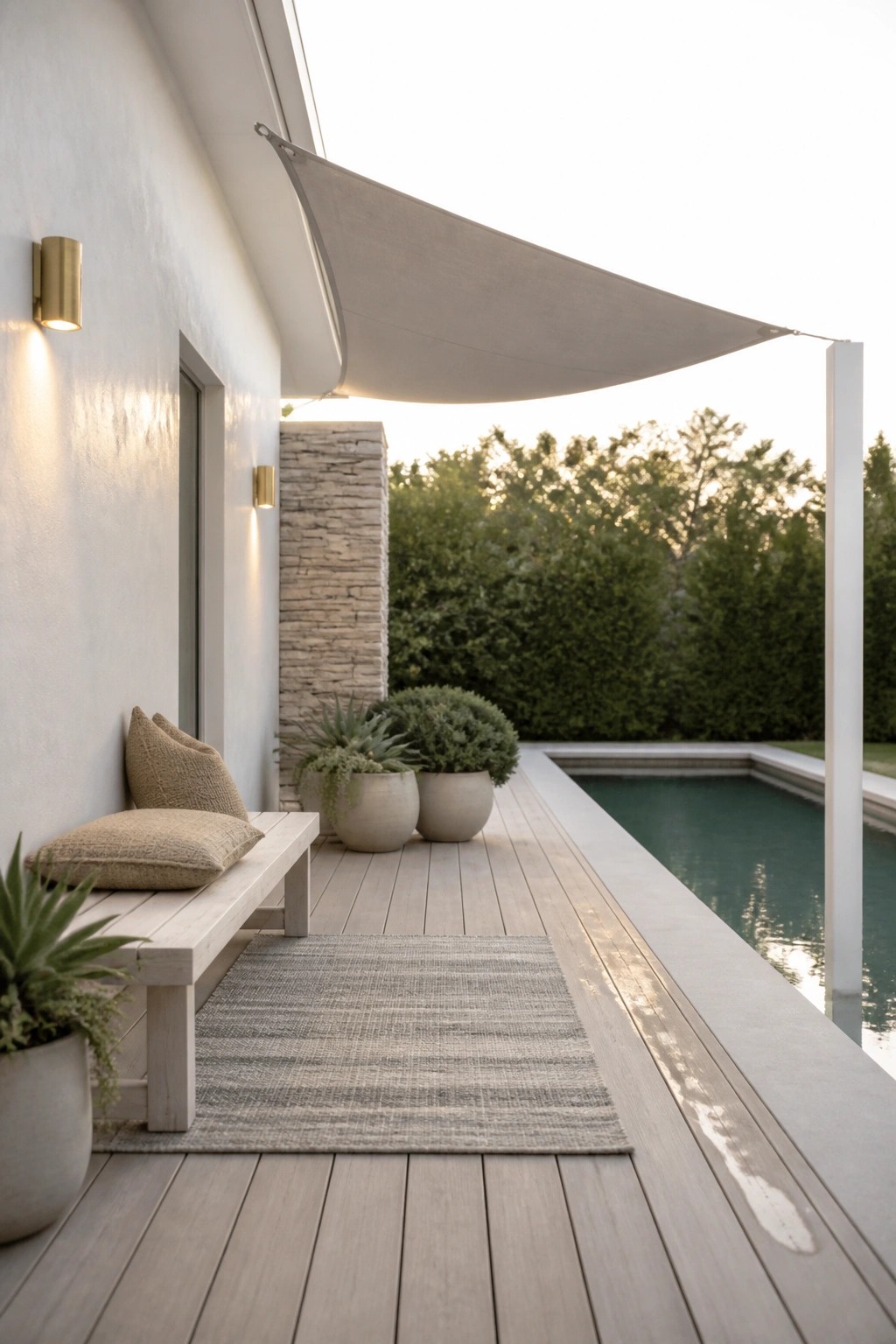 19 Modern Shade Sail Over Pool Ideas for Clean Contemporary Pool Areas A light gray triangular shade sail stretched over a light wood deck next to a pool, with potted plants and a bench against a white wall.