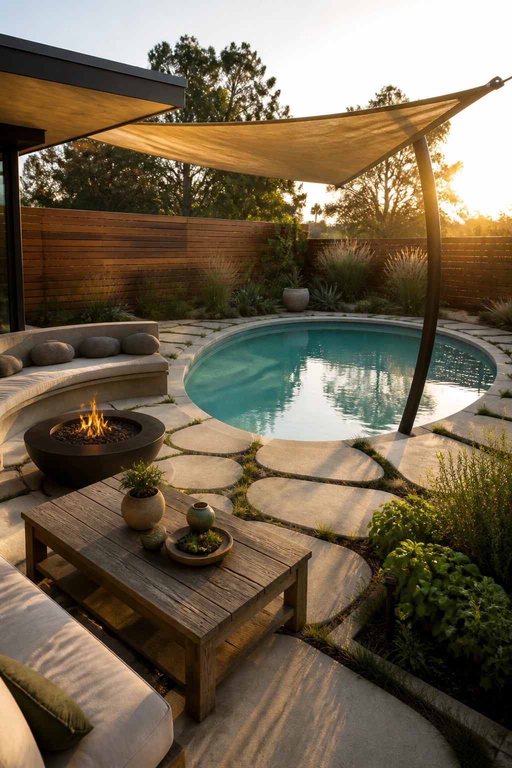 19 Modern Shade Sail Over Pool Ideas for Clean Contemporary Pool Areas A round pool with a triangular beige shade sail held up by one curved pole, next to a curved concrete bench with a fire pit and a wooden coffee table on a stone patio.