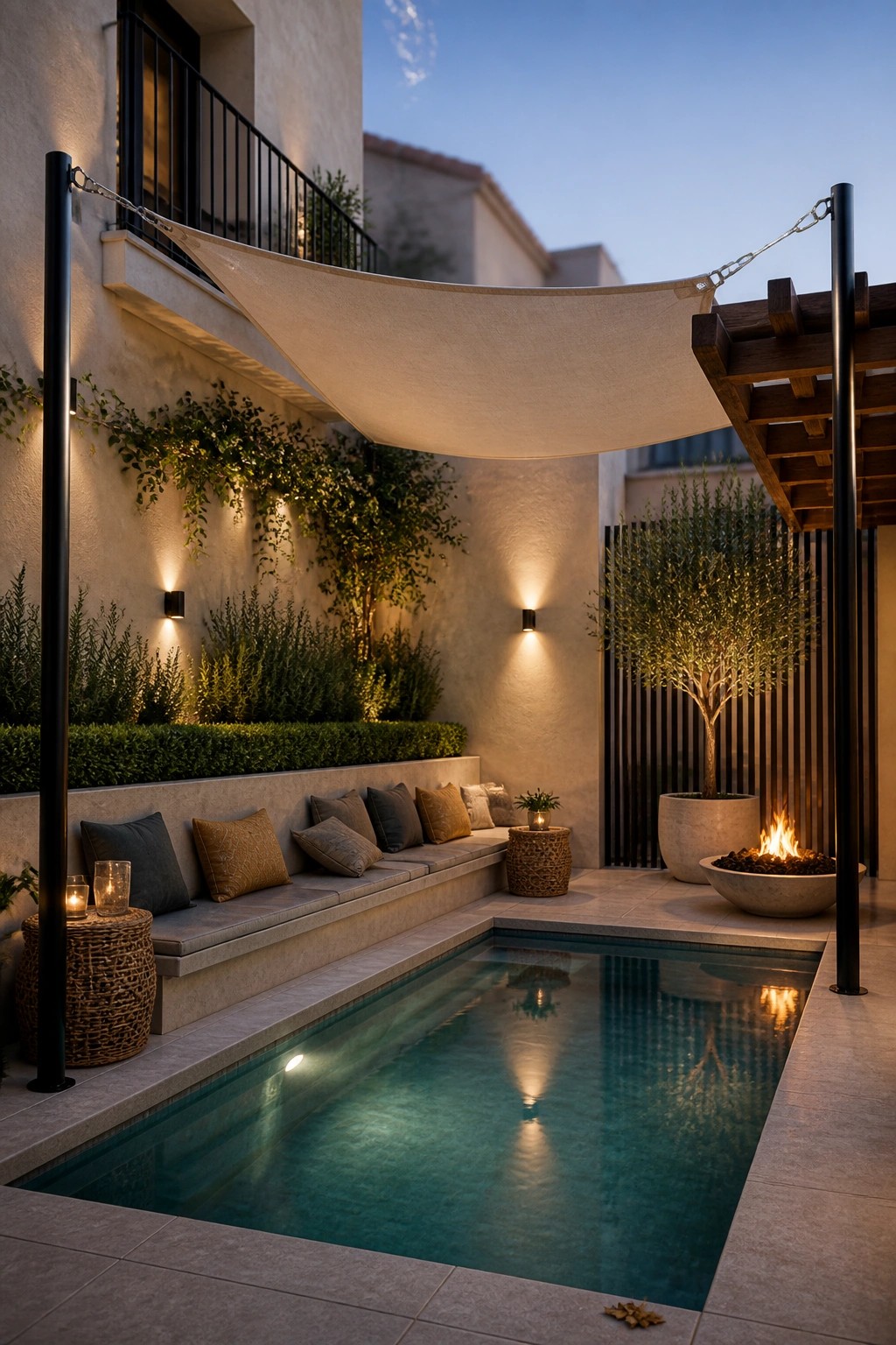 19 Modern Shade Sail Over Pool Ideas for Clean Contemporary Pool Areas A modern backyard pool area at dusk with a large beige shade sail stretched over the water and a built-in bench with cushions, plus a fire pit on the right.