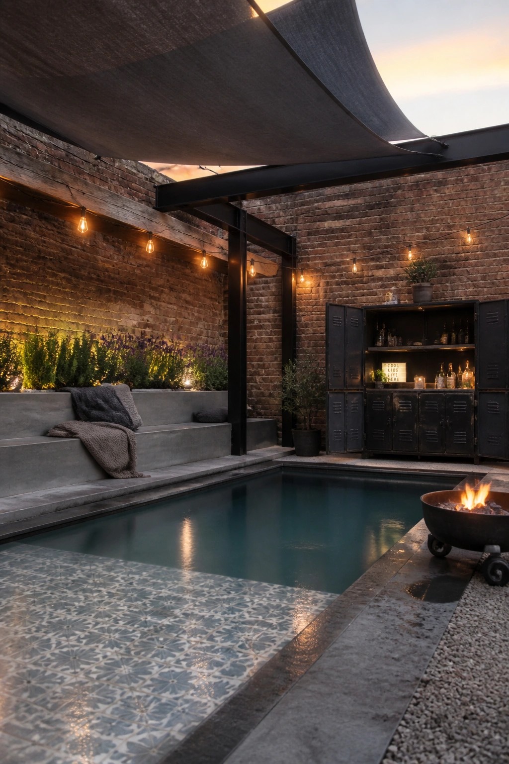 19 Modern Shade Sail Over Pool Ideas for Clean Contemporary Pool Areas A rectangular pool with a large dark fabric shade sail stretched overhead, brick walls on two sides, concrete steps with blankets, and a fire pit on gravel.
