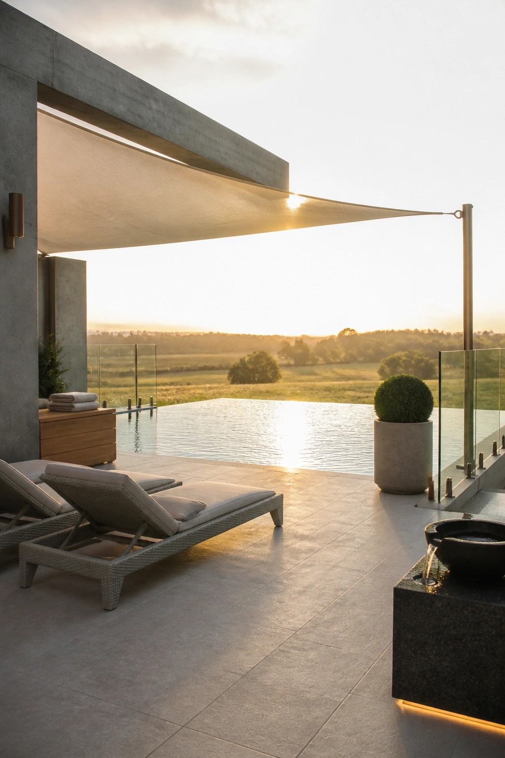 19 Modern Shade Sail Over Pool Ideas for Clean Contemporary Pool Areas Modern patio with lounge chairs, infinity pool, and sunset over countryside fields