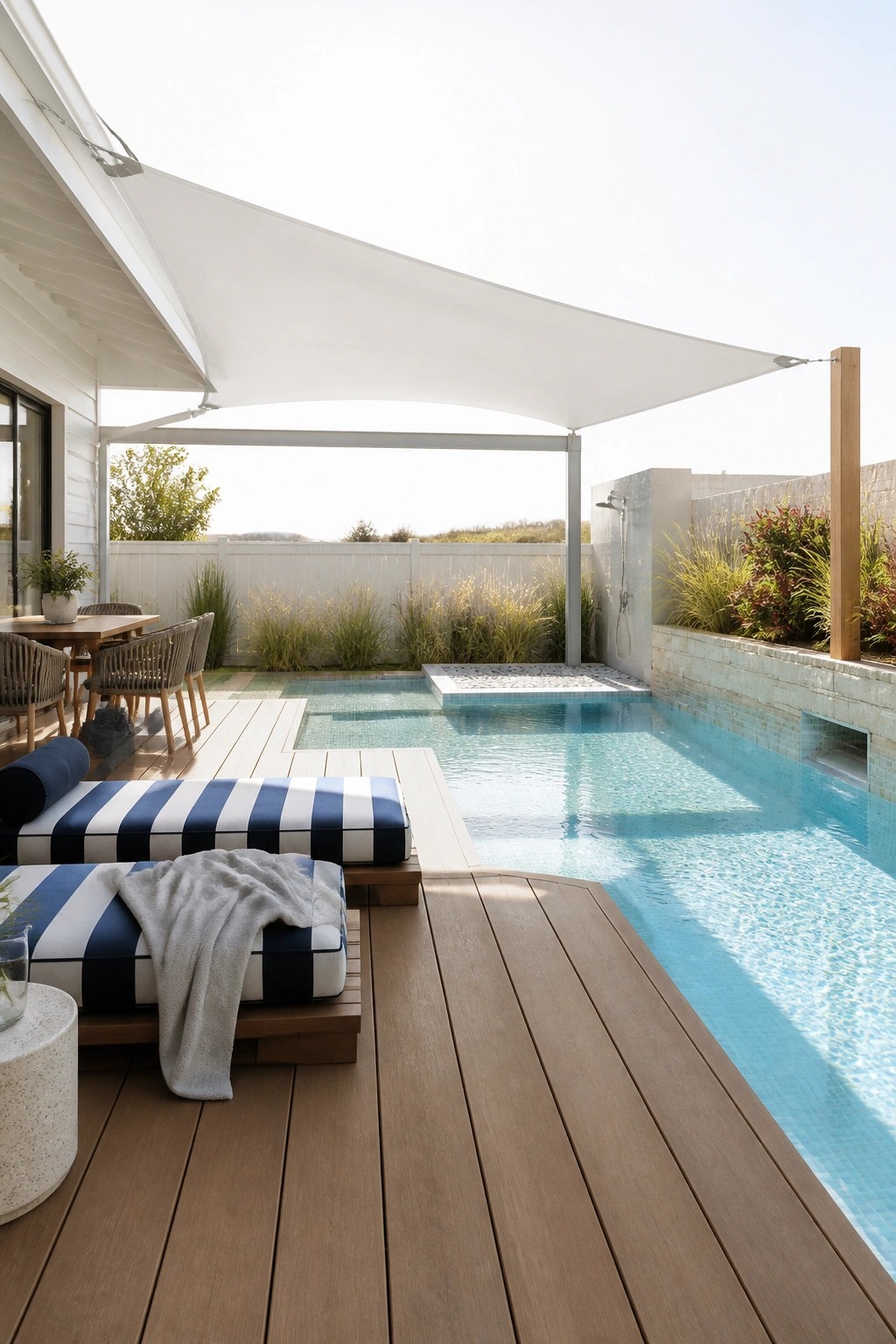 19 Modern Shade Sail Over Pool Ideas for Clean Contemporary Pool Areas A contemporary pool deck with a large white shade sail overhead, wooden flooring, striped lounge chairs, and a rectangular swimming pool.