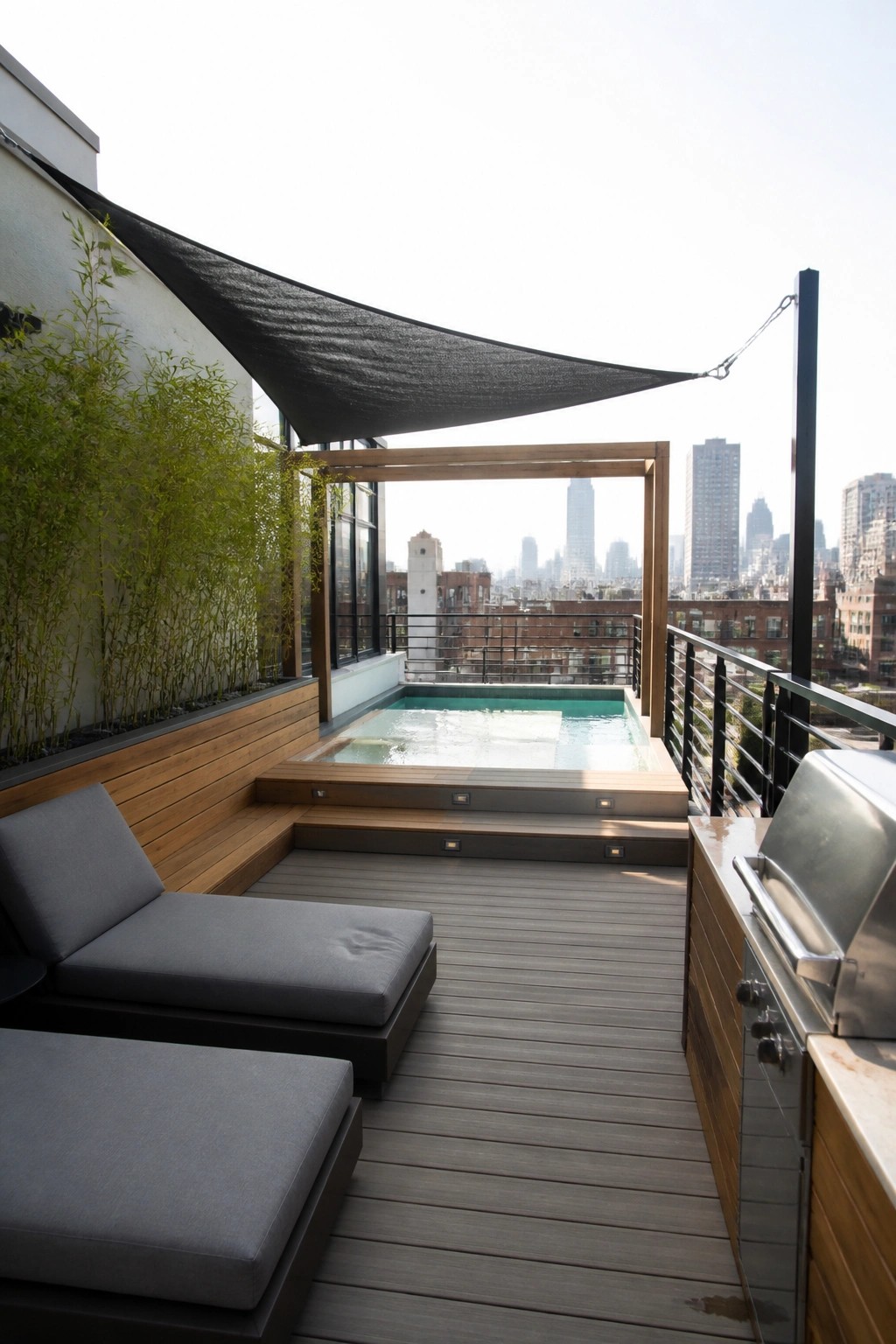 19 Modern Shade Sail Over Pool Ideas for Clean Contemporary Pool Areas A modern rooftop terrace with a black shade sail stretched over a small rectangular pool, wooden decking, gray lounge chairs, and a stainless steel grill, with city buildings in the background.