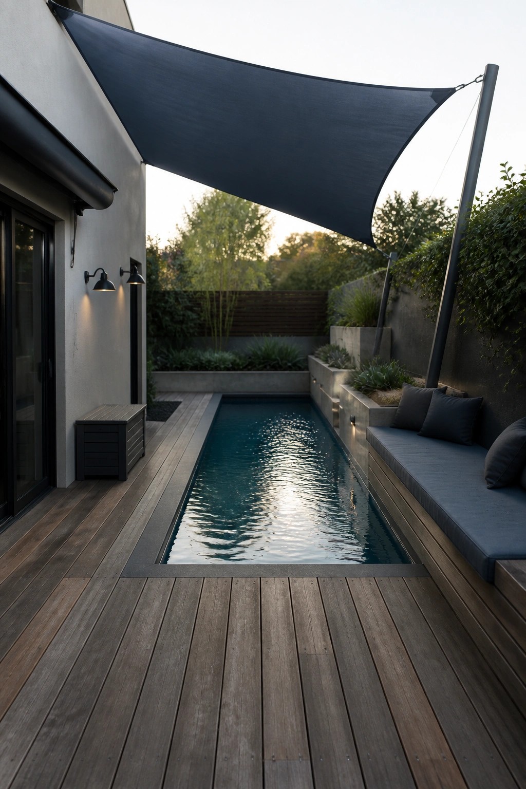 19 Modern Shade Sail Over Pool Ideas for Clean Contemporary Pool Areas A narrow rectangular pool set into a wooden deck with a large dark shade sail stretched overhead and built-in bench seating along one side.