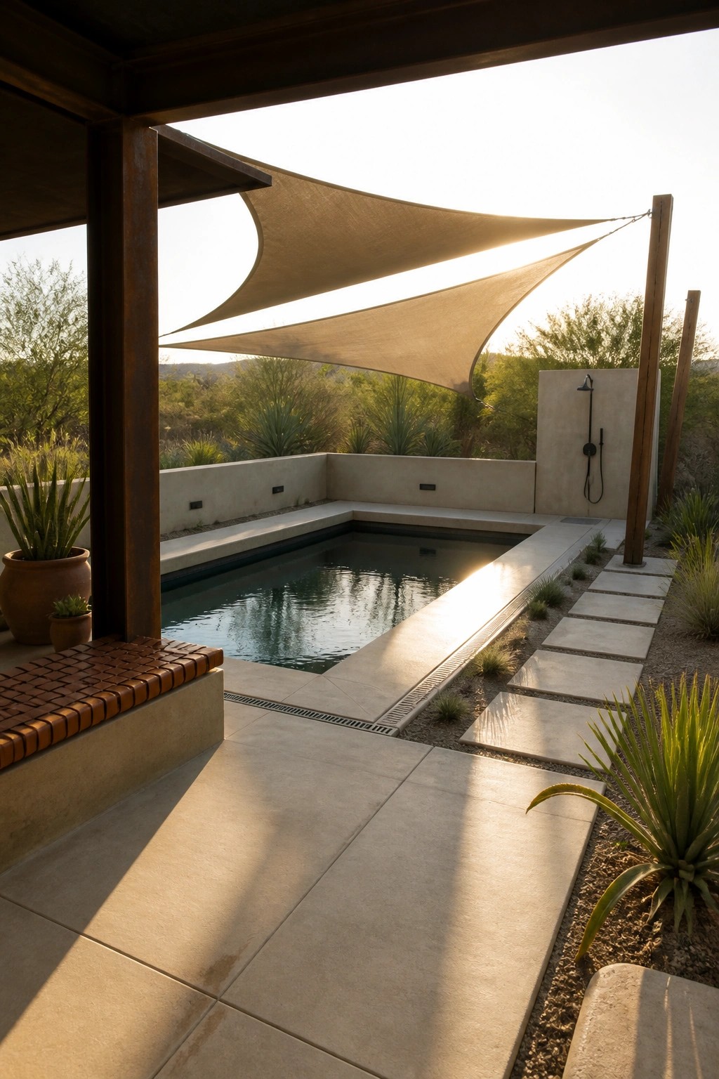 19 Modern Shade Sail Over Pool Ideas for Clean Contemporary Pool Areas A modern pool area with a large beige shade sail stretched overhead, stone tile decking, and an outdoor shower on the right.