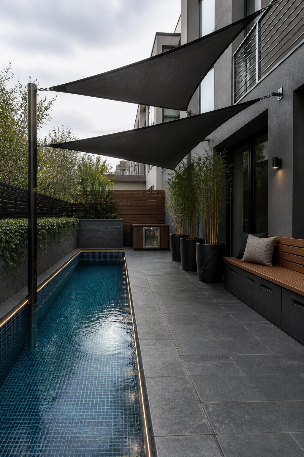 19 Modern Shade Sail Over Pool Ideas for Clean Contemporary Pool Areas A narrow rectangular pool with blue mosaic tiles sits beside a paved patio, with two large black triangular shade sails stretched overhead from a pole and the building wall.