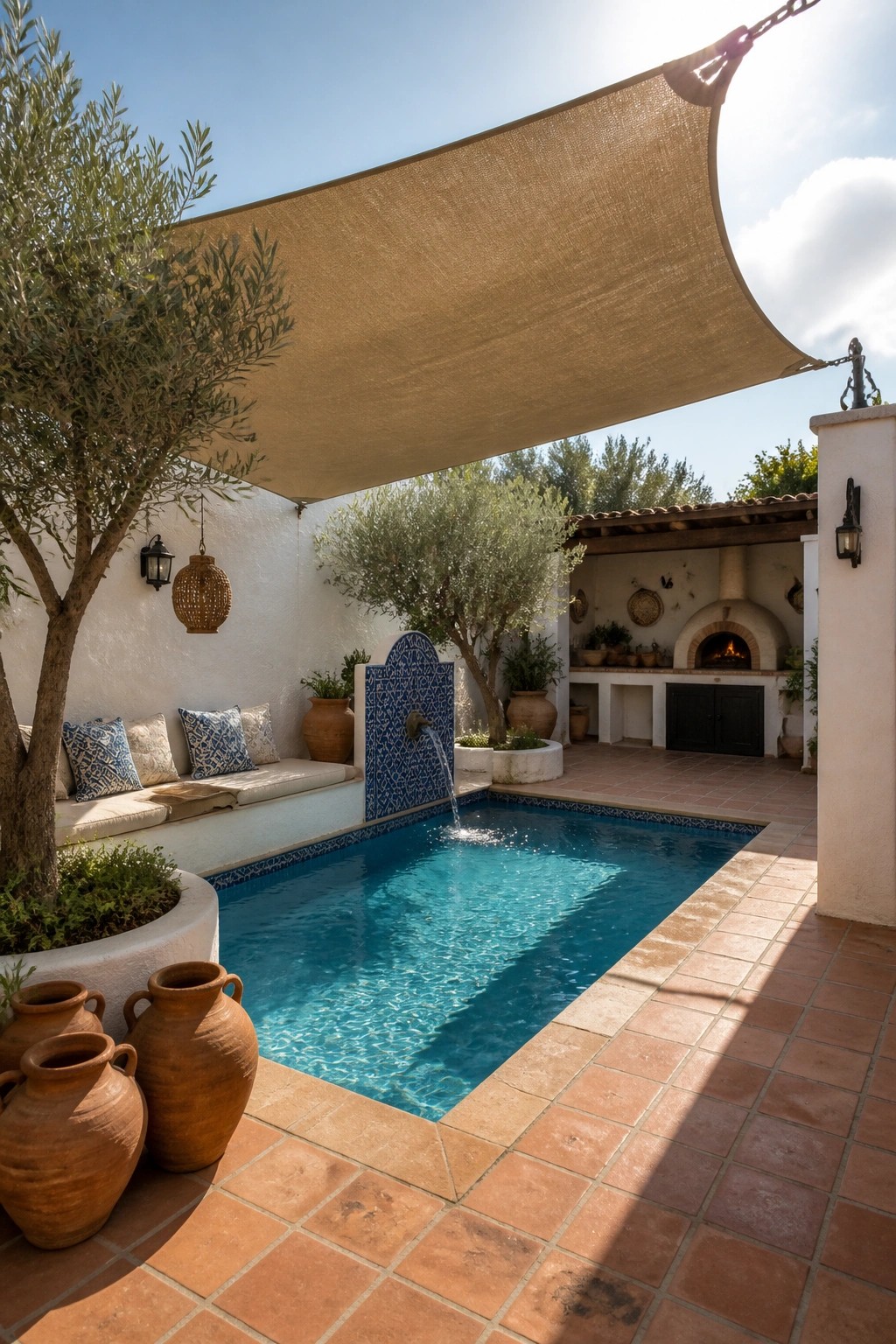 19 Modern Shade Sail Over Pool Ideas for Clean Contemporary Pool Areas A swimming pool with blue water sits under a large beige shade sail, bordered by terracotta tiles, clay pots, and a tiled fountain wall.