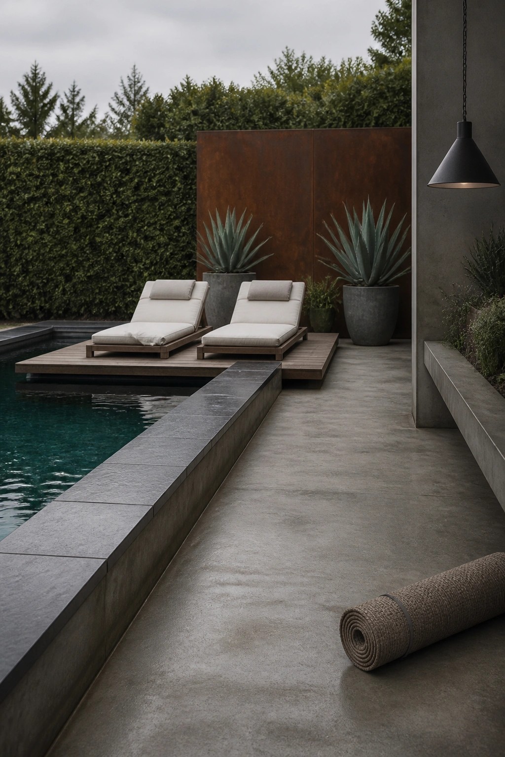 Two lounge chairs rest on a narrow wooden deck platform beside a rectangular pool, with large potted plants and a concrete walkway nearby.
