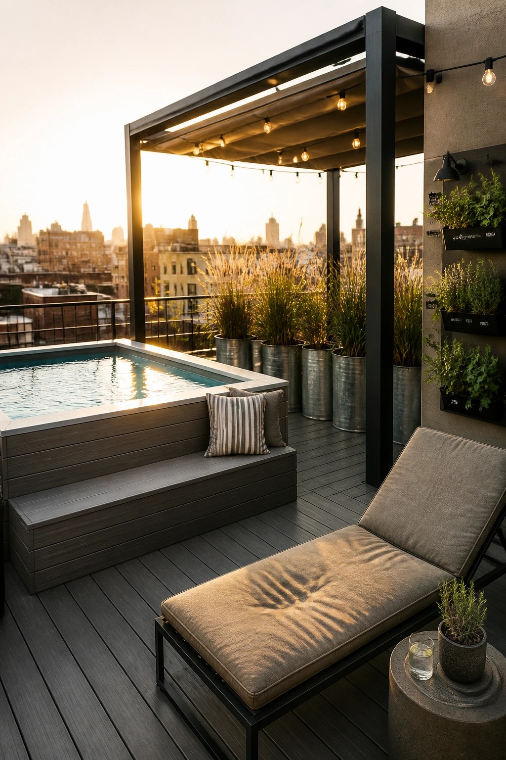 A small rectangular pool built into a dark wood deck on a rooftop terrace, with integrated bench seating, potted plants, string lights, and a lounge chair overlooking a city skyline.