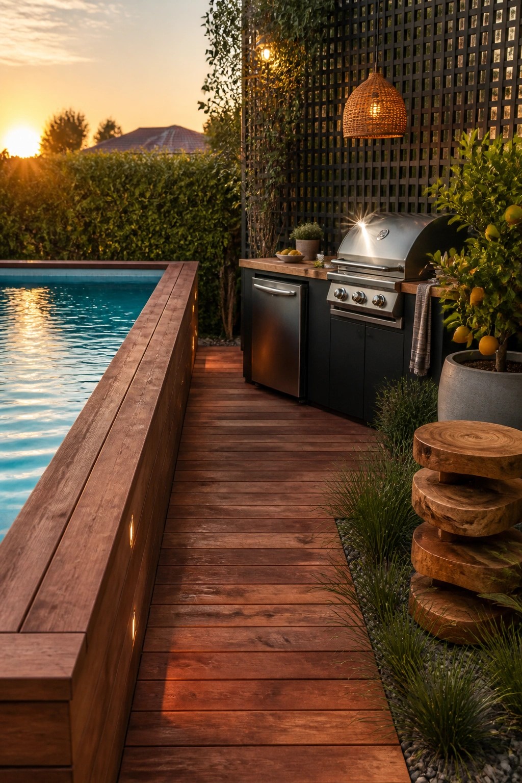 A narrow wooden deck runs beside an above-ground pool with an outdoor kitchen that includes a stainless steel grill and dark cabinets at one end.