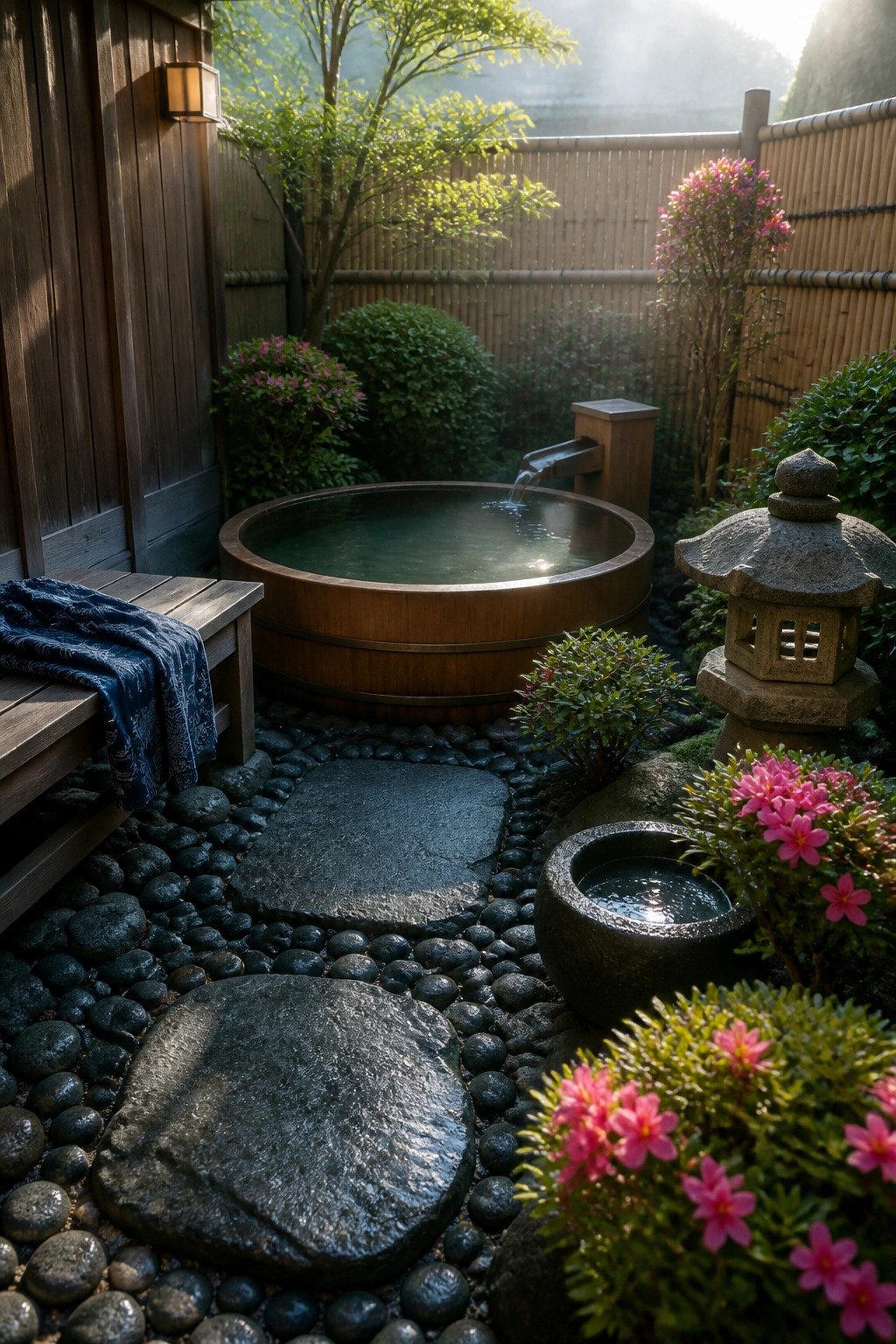 A round wooden above-ground pool with water flowing from a spout sits on dark pebbles with large flat stepping stones, surrounded by pink flowers, a stone lantern, and a bamboo fence.