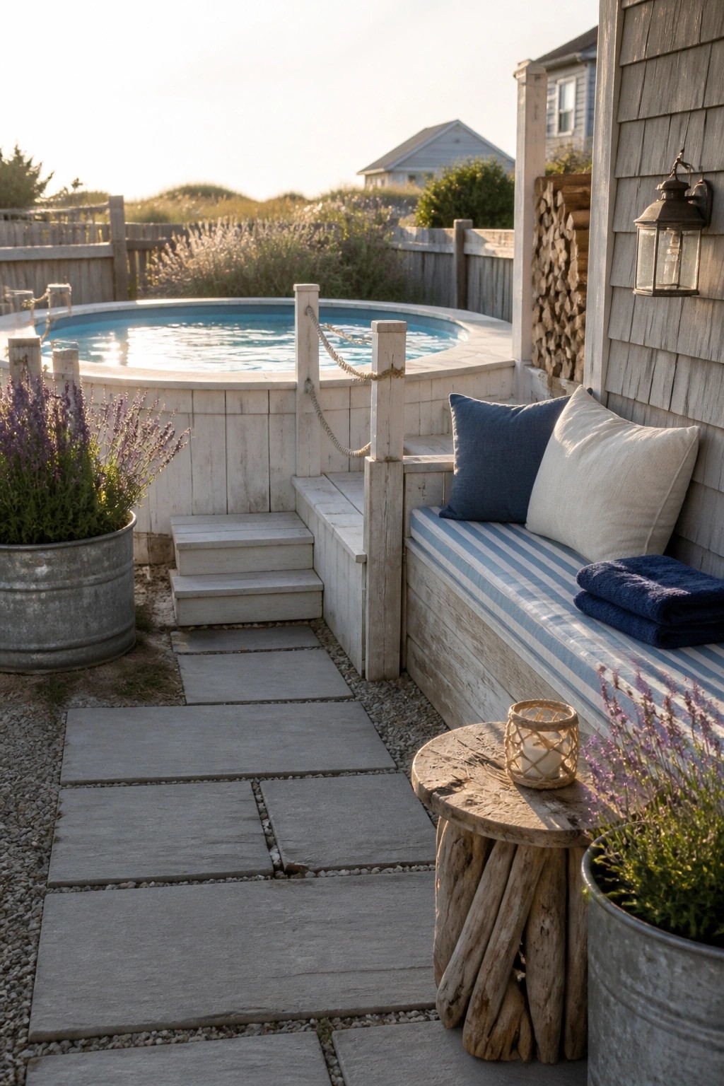 A small above-ground pool surrounded by white wooden decking, with steps, a built-in bench with striped cushions, and potted plants along a stone path.