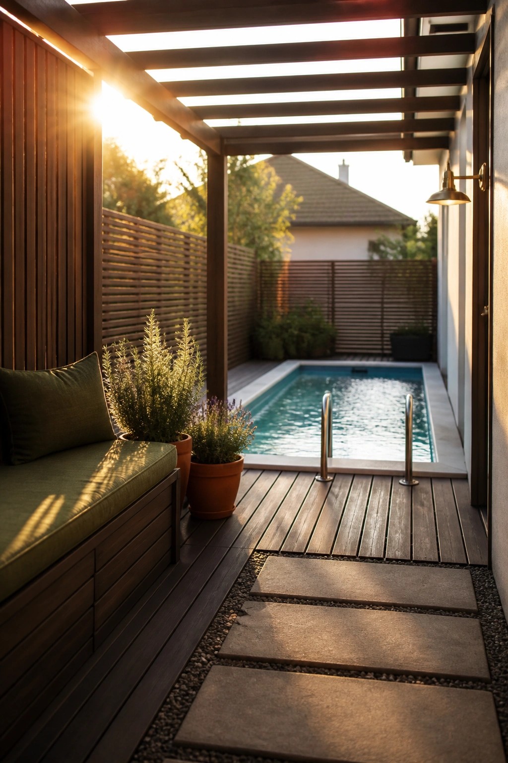A narrow wooden deck with a slatted overhead cover leads to a small rectangular pool, with potted plants along one side and stone stepping stones set in gravel.