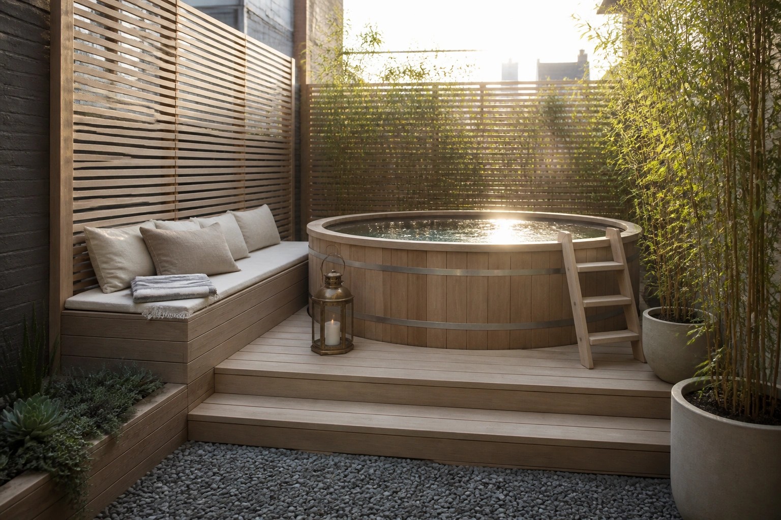 A round wooden above-ground pool on a light wood deck with steps, a built-in bench, and potted plants in a small enclosed yard.