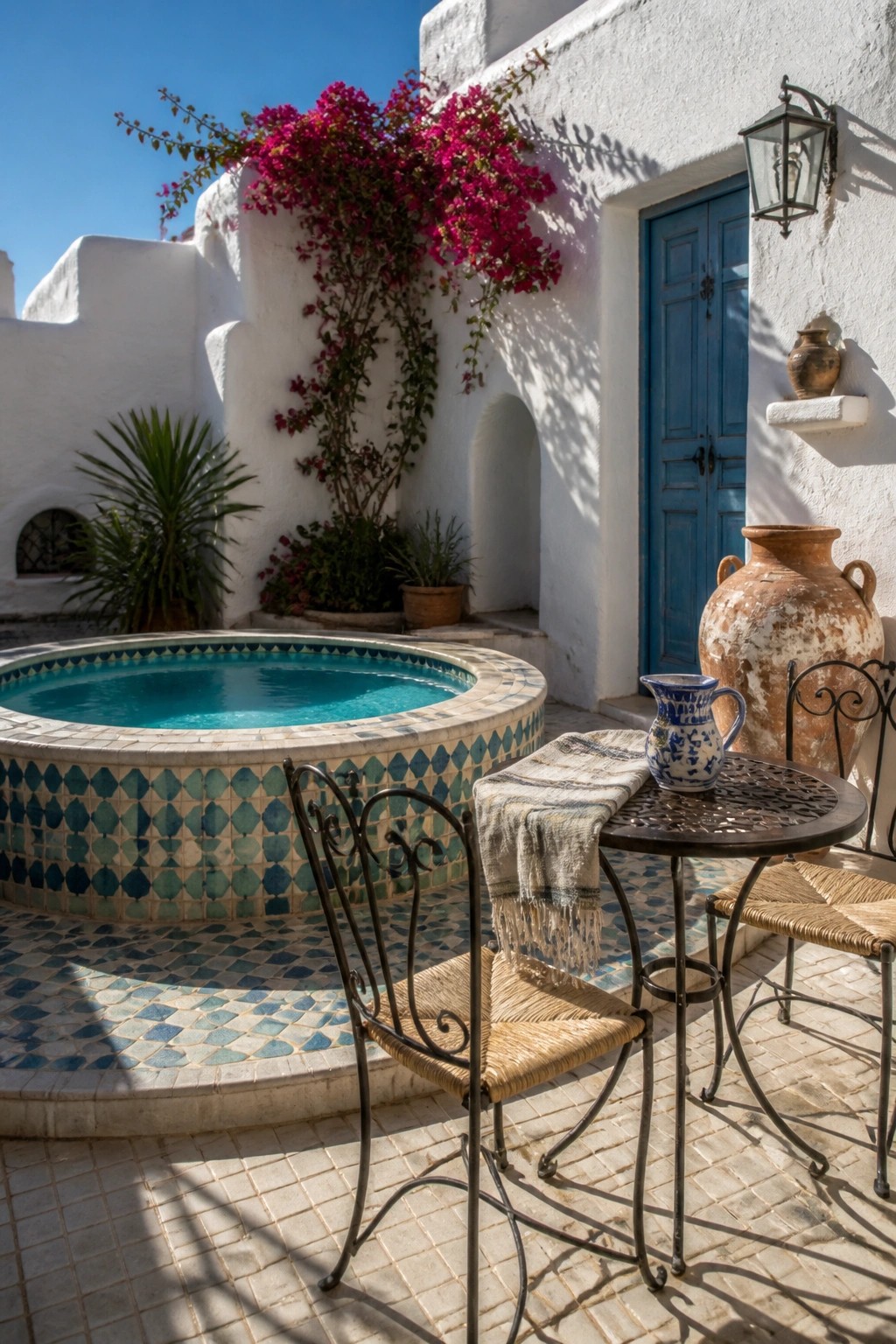 A small round pool with blue and green patterned tiles is set into a tiled patio beside a dark metal table and woven chairs in a white courtyard.