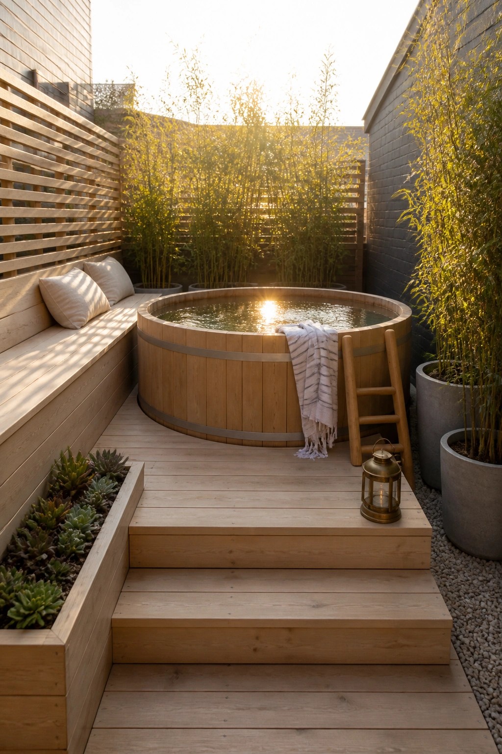 A round wooden above-ground pool on a light wood deck with steps, a built-in bench, and potted plants in a small enclosed yard.